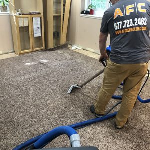 Water damage restoration specialist extracting water from a soaked carpet with professional equipment